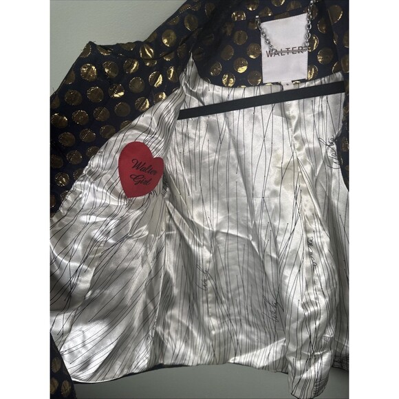 WALTER Cropped Button Tie Blazer Navy With Gold Metallic Polka Dots Women’s Sz 8 - Picture 7 of 11